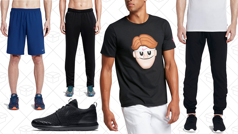 Nike 9" Phenom 2-in-1 Running Shorts, $44 | Nike Academy Soccer Pants, $32 | Nike Rosche NM Flyknit SE, $64 | Nikecourt Roger Federer Emoji Shirt, $24 | Nike V442 Woven Pants, $52